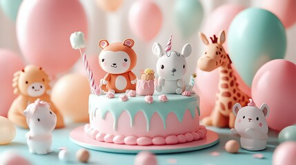 Fototapeta premium Adorable pastel-colored cake decorated with animal figurines and surrounded by soft balloons, creating a cute and playful party atmosphere.