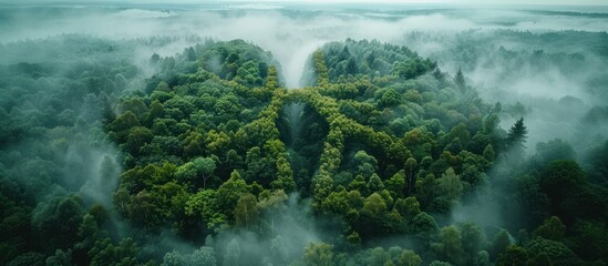 Aerial View of a Forest with Fog and a Distinctive Tree Formation