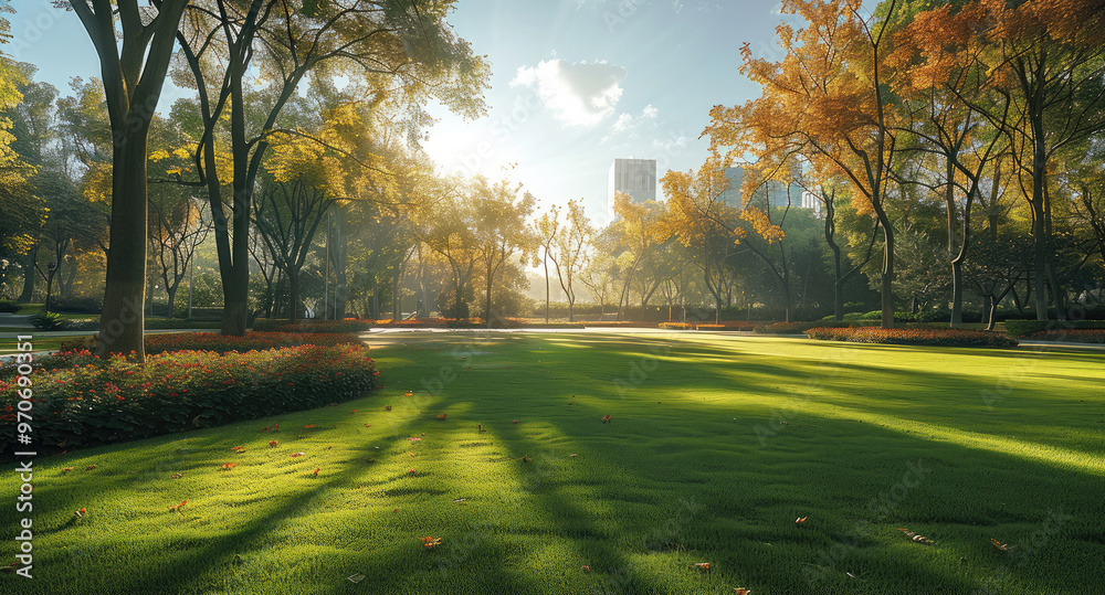 Poster A square inside the park. Generative AI.