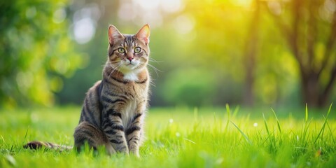 A cat sitting on lush green grass, cat, grass, feline, outdoor, nature, relaxation, furry, pets,...