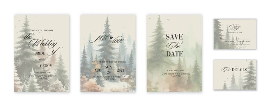 Rustic greenery wedding invitation card template with watercolor Pine Tree Forest.