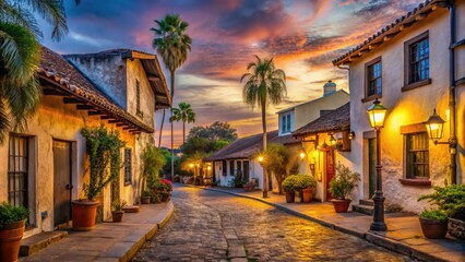 Fototapeta premium eerie twilight atmosphere historic adobe buildings warm golden light lantern-lit streets nostalgic ambiance Old Town San Diego's mysterious night