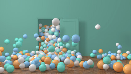 Colorful balloons flying in the room. 3D illustration, 3D rendering	
