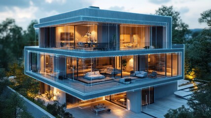 Obraz premium Modern architectural design featuring a glass-walled residence.