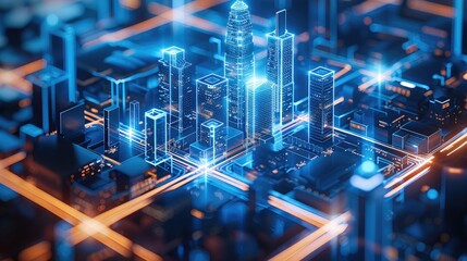 The main screen of the smart digital twin platform features blue and silver color schemes, data visualization charts such as graphs, bar charts, and graphic lines representing the urban development.