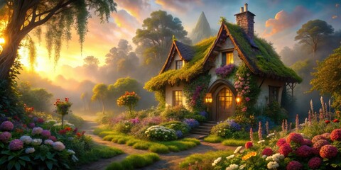 whimsical fairytale-inspired cottage with twisted vines and colorful flowers surrounded by mystical fog and warm golden morning light