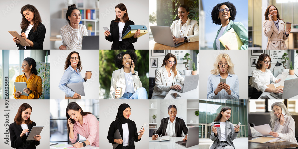 Poster a diverse group of women is seen working in modern office settings, engaging in various professional