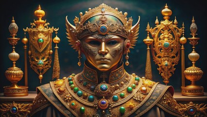 Obraz premium Golden mask, embroidered robe, ancient scepter, necklace of gems, and legendary chestplate in a regal and ornate display