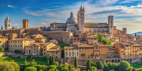 Fototapeta premium Medieval town in Tuscany with panoramic view of Siena Cathedral, Mangia Tower, and Basilica of San Domenico , Siena