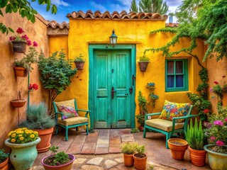 Vibrant colorful southwestern decor, bright turquoise door, yellow adobe walls, whimsical folk art, and lively outdoor seating area amidst lush green courtyard garden.