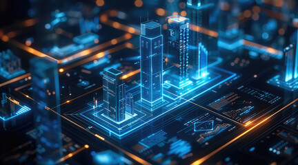 The main screen of the smart digital twin platform features blue and silver color schemes, data visualization charts such as graphs, bar charts, and graphic lines representing the urban development.
