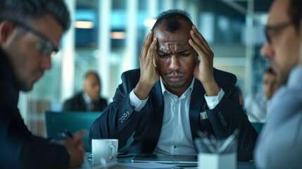Obraz premium Photo of Businessman in a meeting, holding his head 