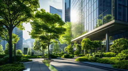 Obraz premium Modern Skyscraper with Lush Green Landscaping