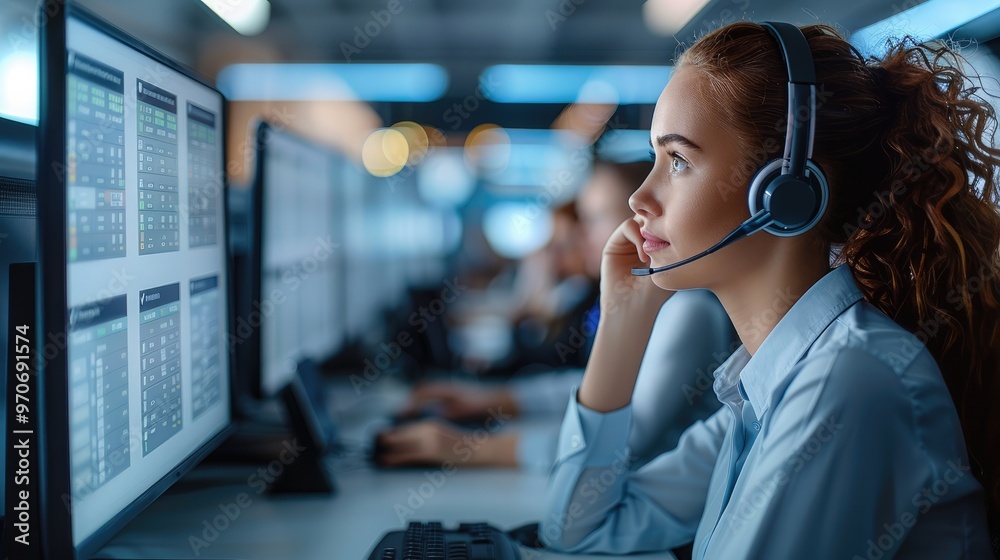 Leinwandbilder a dedicated support call center worker, focused and diligent, is seated at desk in a busy, modern ca