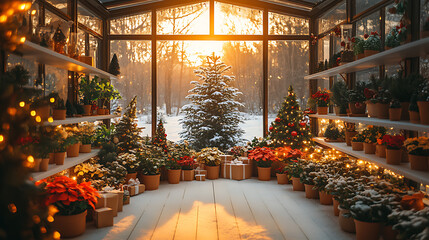 Snowy Greenhouse with Christmas Trees and Gift Boxes