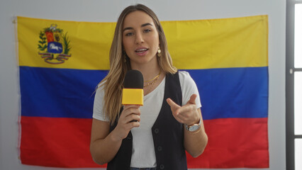 A young, attractive, blonde woman stands indoors holding a microphone in front of a venezuelan flag, depicting an electoral college room setting.