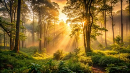 Contemplative morning misty forest solitude surrounded by lush greenery, warm golden light, serene atmosphere, shallow depth of field, natural earthy tones, introspective mood