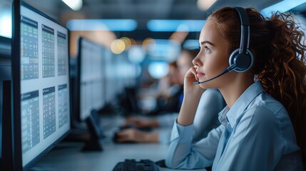 A dedicated support call center worker, focused and diligent, is seated at desk in a busy, modern call center. is intently reviewing a customer checking account activity on large computer screen.