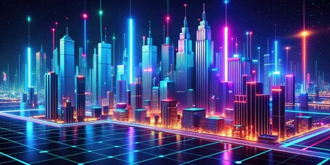 Obraz premium Abstract vector patterns of e-commerce data and analytics visualized in a stunning futuristic 3D cityscape with glowing neon lines at night.