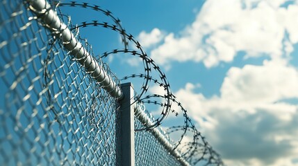 A high-security fence with barbed wire and a razor wire jail fence. Barrier border. Boundary security wall. Prison for the arrest of criminals or terrorists. Private area. Military zone concept.