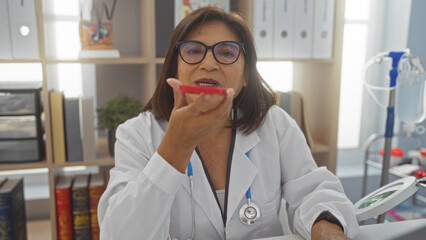Elderly hispanic female doctor with short hair sends a voice message while sitting in a hospital room with medical equipment and office files.