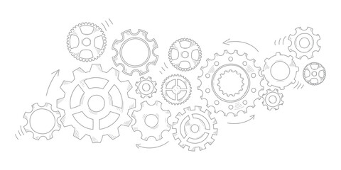 Hand drawn gear cogwheel. Doodle sketch style color gear mechanism. Concept of business idea, teamwork, progress background. Doodle cog