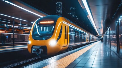 Vibrant Yellow Train at a Polished Station Platform Under Bright, Shining Lights
