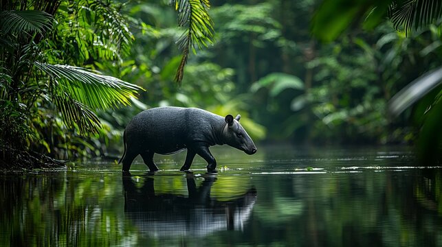 Malayan tapir exploring dense tropical rainforest near a water body
