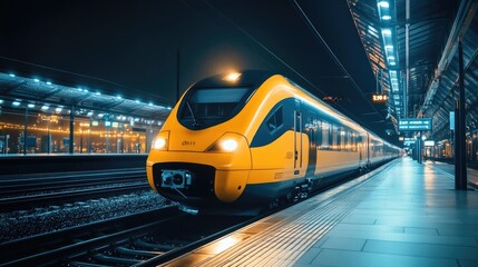 Naklejka premium Vibrant Yellow Train at a Polished Station Platform Under Bright, Shining Lights