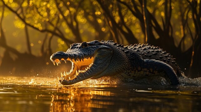 Fierce crocodile splashing in a swamp as the sun sets in the background