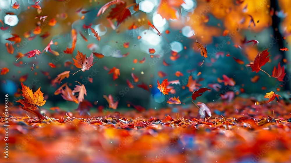 Poster a beautiful autumn scene with leaves falling from trees