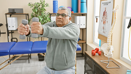 Mature man exercises with dumbbells in a rehab clinic interior, showcasing healthcare, senior wellness, and physical therapy.
