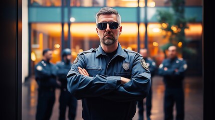 Experienced security guard with a team of bodyguards keeping a close watch