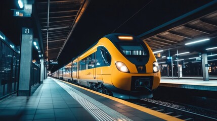 Fototapeta premium Vibrant Yellow Train at a Polished Station Platform Under Bright, Shining Lights
