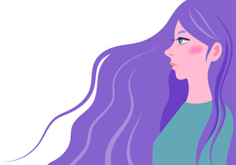 前を見つめるロングヘアーの女性の横顔のバストアップのベクターイラストレーション