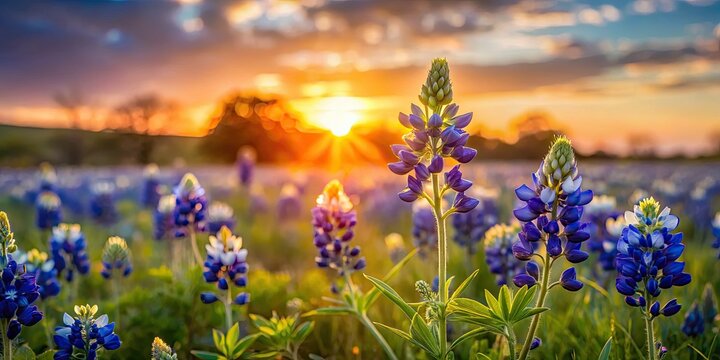 Peaceful bluebonnet field with gentle grass sway at sunset in soft warm light with subtle flower details and blurred background with bokeh effect.