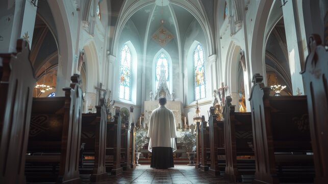 A priest stands in a church with a large number of pews