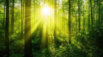 Obraz premium Green forest with sunlight shining through the trees symbolizing sustainability and environmental conservation. Copy space