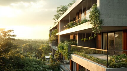 Fototapeta premium Modern Sustainable Apartment Building at Sunset