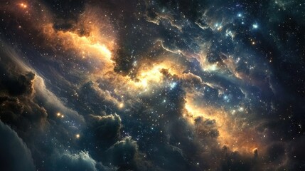 Fototapeta premium A vast and colorful nebula in deep space, with swirling clouds of gas and dust illuminated by distant stars.