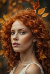 Fototapeta premium A woman with red hair stands in front of some yellow trees with yellow leaves