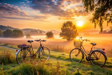 serene bicycles peaceful countryside misty dawn morning calm