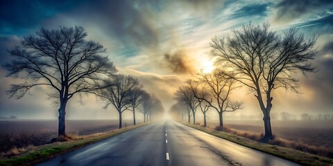 a misty eerie road flanked by bare trees leading