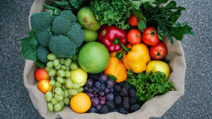 Reusable fabric tote bag filled with fresh fruits and vegetables, promoting eco-friendly shopping habits.