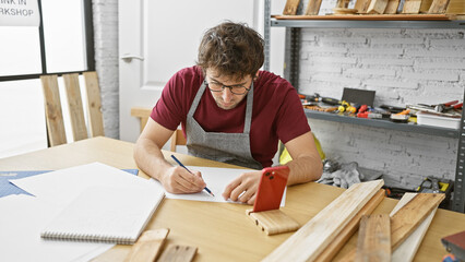 A focused craftsman sketches a blueprint in a well-organized woodwork shop, with tools and timber...