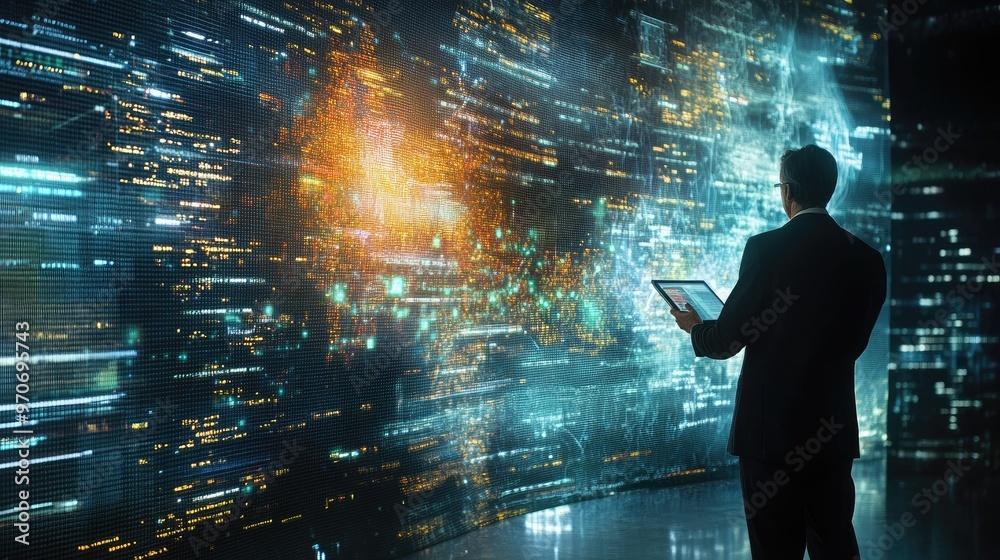 Wall mural a businessman stands in front of a large screen displaying a world map, data, and code, holding a ta