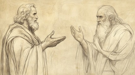 Fototapeta premium Biblical Illustration of 2 Kings: Elijah Prophesying Disaster for Jehoram’s House Due to His Sins, Bible Wall Art with Beige Background for Spiritual Warning