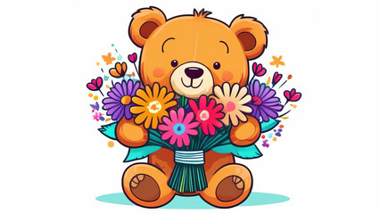 Adorable teddy bear holding flowers on light background