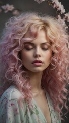 A woman with long pink wavy hair is standing in front of a tree with pink blossoms