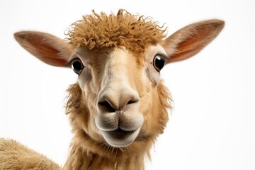 Fototapeta premium A close-up of a friendly, curly-wool sheep with a gentle expression against a plain background